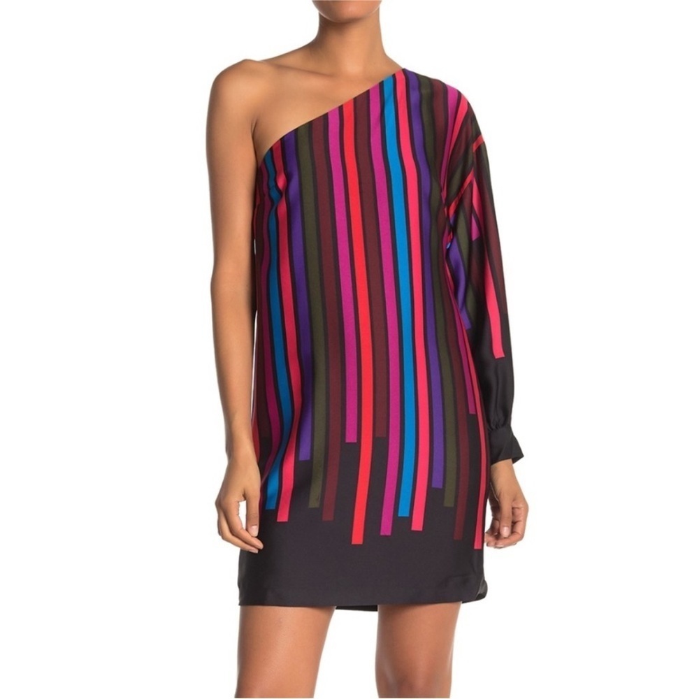 Trina Turk One-Shoulder Silky Striped Sheath Dress